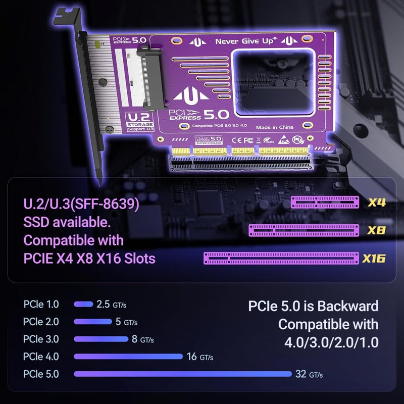 JEYI U.2 to PCIe 5.0 X4 Adapter, 128Gbps U.2 SFF-8639 to PCIe NVMe SSD Adapter Card for 2.5inch U.2 NVMe SSDs - Image 4